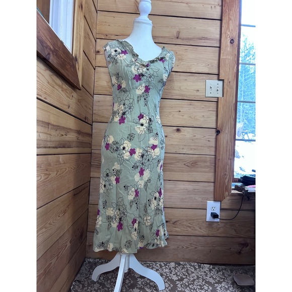 Charlotte Russe Vintage Floral Ruffle Midi Dress Sage Green Purple Rayon Large - Picture 3 of 9